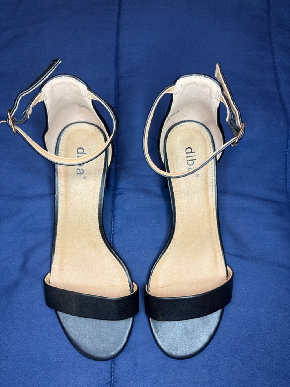 Diba Black Ankle-Strap Open-Toe Heels with Tan Insole